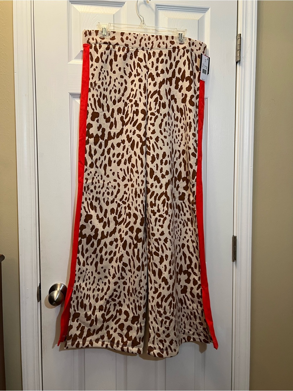 Wide Leg Animal Print Pants with Red Side Stripe